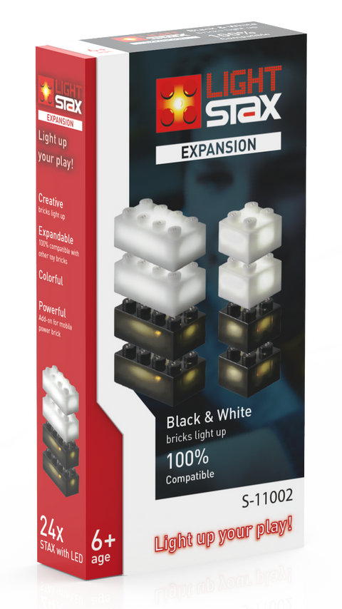 STAX System LED šviečiančios kaladėlės – papildomas rinkinys, juoda/balta, suderinamos su LEGO, 24 vnt