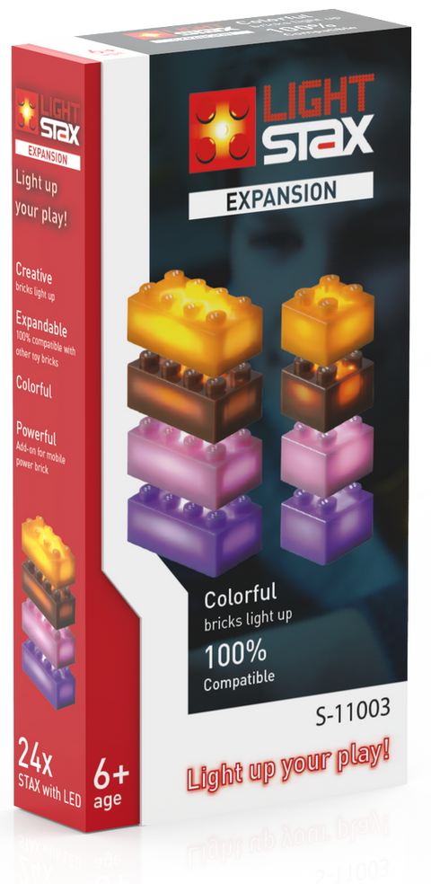 STAX System šviečiančių kaladėlių papildymo rinkinys 24 vnt (2x4, 2x2) – suderinamos su LEGO, 6+, oranžinė/ruda/violetinė/rožinė