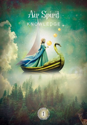 tarot korta "Air Spirit – Knowledge", žalsvai mėlyna, moteris laive su auksinėmis orbomis virš migloto miško