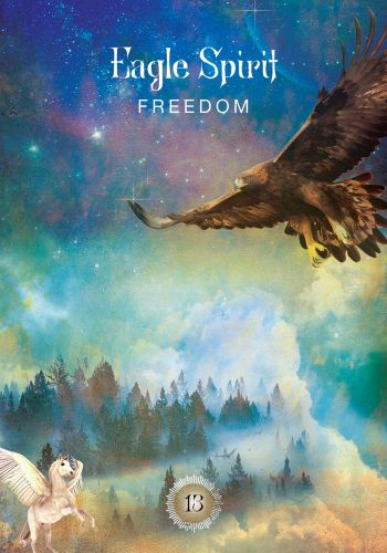 plakatas su ereliu ir užrašu "Freedom", turkio ir aukso tonų vertikali kompozicija, skirta sienai, miško fone