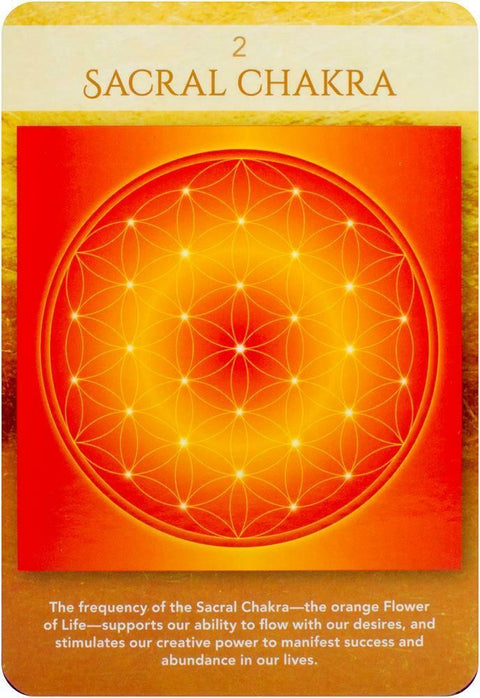 Sakralinė čakra korta su oranžine Gyvybės žiedo mandala, skirta kūrybinei energijai skatinti ir meditacijai