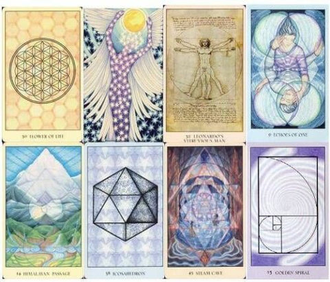 tarot kortos — 8 kortų demonstracinis rinkinys su mistinėmis geometrinėmis ir figūrinėmis iliustracijomis, kiekviena korta turi unikalų dizainą