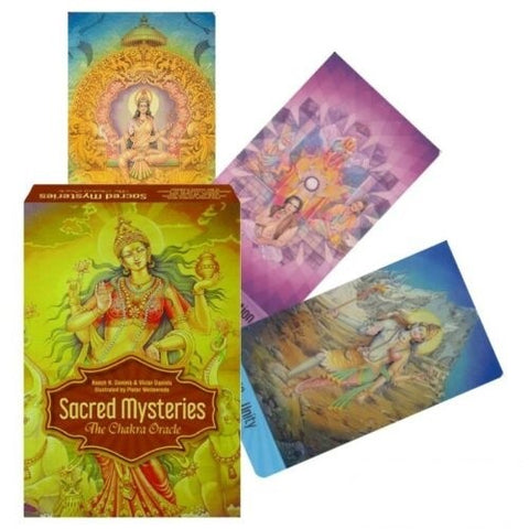 Čakrų orakulo kortos Sacred Mysteries, geltonos dėžutės komplektas su trimis išskleistomis spalvotomis kortomis
