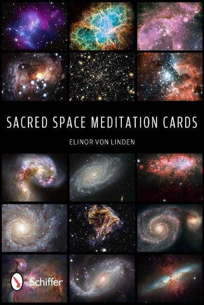 Meditacijos kortelės „Sacred Space“ – Elinor von Linden, 16 kosminių atvaizdų ant juodos pakuotės, leidykla Schiffer