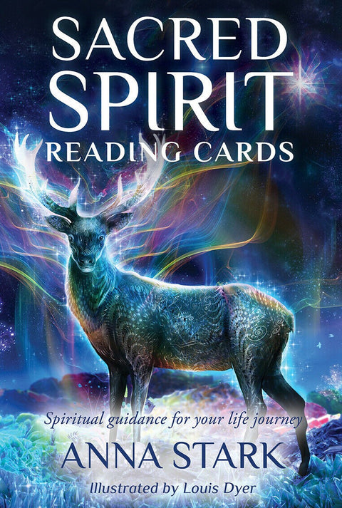 Skaitymo kortos Sacred Spirit (Anna Stark) — mėlyno‑violetinis viršelis su elnio iliustracija, iliustravo Louis Dyer