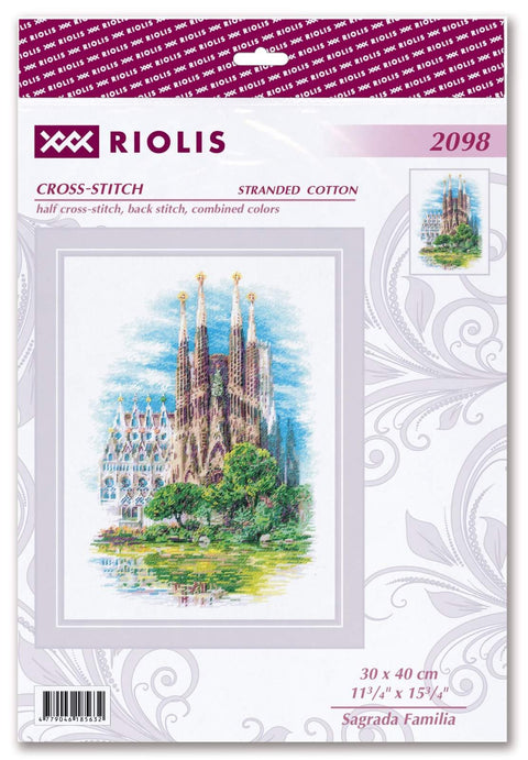 Kryželių siuvinėjimo rinkinys Riolis Sagrada Familia, 30 × 40 cm, daugiaspalvis katedros motyvas pakuotėje, aiškiai matomas dizainas