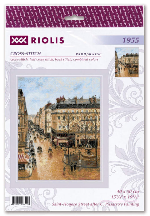 Kryželių rinkinys Riolis – Saint‑Honoré gatvės motyvas (Pissarro), vilna/akrilas, 40×50 cm, pakuotės priekis su siuvinėjimo pavyzdžiu