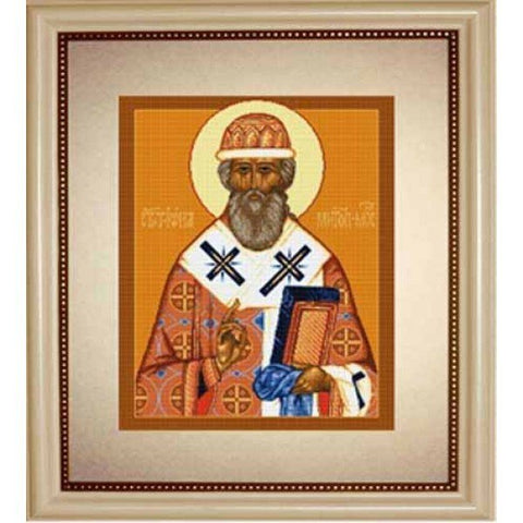 Ikona šventojo su auksine aureole ir knyga, oranžinė-raudona liturginė apranga ir elegantiškas rėmas, frontalus vaizdas