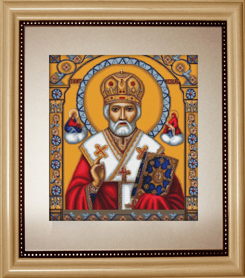 Ikona Šv. Nikolajus, siuvinėta karoliukais ir aukso spalvos oreole, 30×40 cm, su šviesiu mediniu rėmu