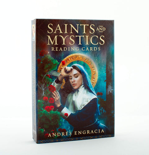 Kortų rinkinys Saints and Mystics, dėžutės priekinė pusė su mėlyna vienuole, auksine aureole ir raudonomis rožėmis