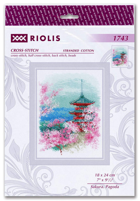 Kryželių siuvinėjimo rinkinys Riolis "Sakura Pagoda", 18×24 cm, raudona pagoda tarp žydinčių vyšnių