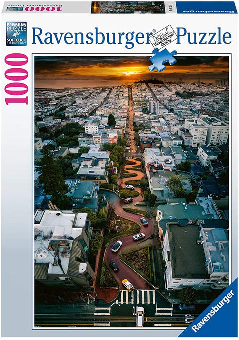 Ravensburger dėlionė 1000 detalių: San Fransisko vingiuota Lombard gatvė saulėlydžio šviesoje iš oro perspektyvos