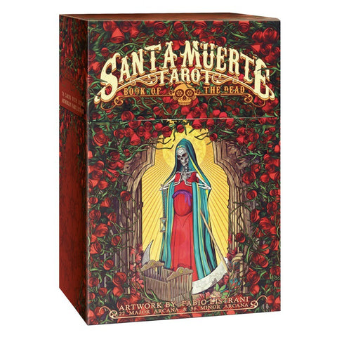 Santa Muerte tarot kortos dėžutė su raudonais rožių raštais, skeletine Dievės figūra ir pridedama knygele