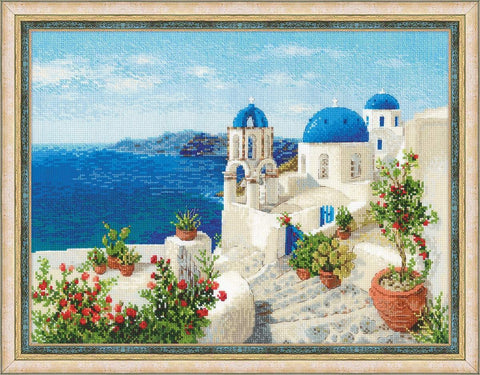 paveikslas ant drobės su mediniu rėmu, Santorinio panorama: balti namai, mėlyni kupolai ir raudonos gėlės, priekinis kampas