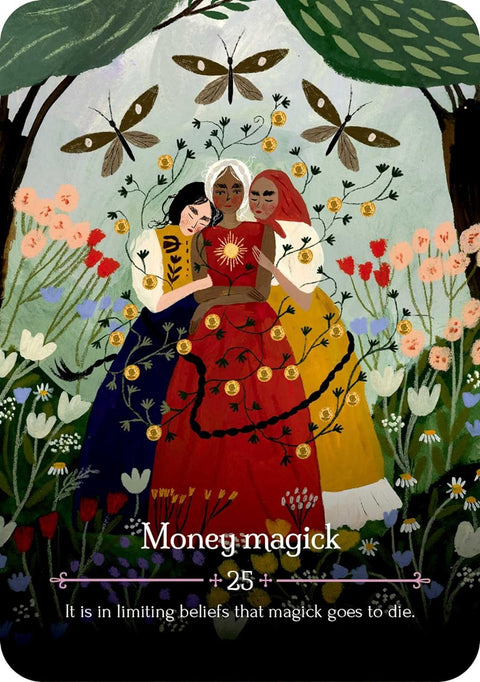 Money magick kortelė su trimis apkabinusiomis moterimis, auksinėmis monetomis ir gėlių fone, iliustracijos variantas
