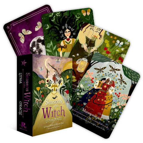 Orakulo kortų rinkinys Seasons of the Witch — juoda dėžutė ir spalvotos gėlėmis iliustruotos kortos, matomas Money magick kortos variantas