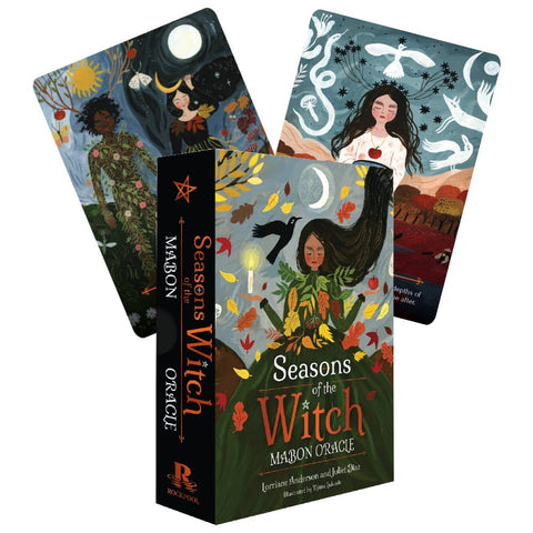 Oracle kortos Seasons of the Witch — kompaktiška dėžutė su trijų iliustruotų Mabon kortų fanuota kompozicija