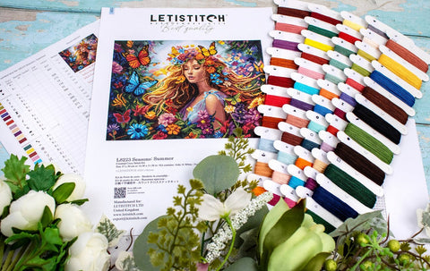 Kryželių rinkinys LETISTITCH Seasons: Summer su 37×30 cm schema, daugiabarvėmis siūlų kortelėmis ir Aida drobe