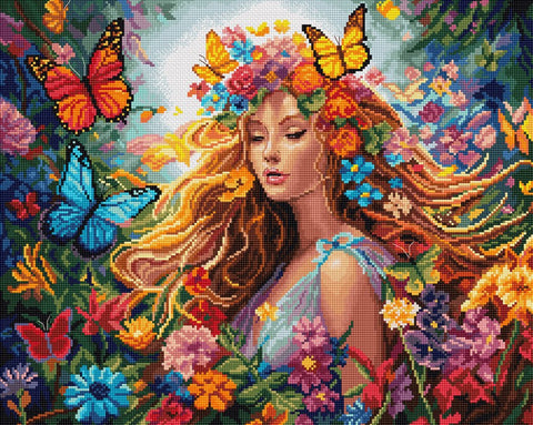 diamond painting rinkinys – pavasarinė moters portreto mozaika su sodriomis gėlėmis ir drugeliais, ryškios spalvų perėjimai