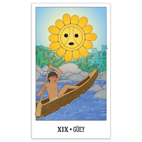 Tarot korta XIX GÜEY su geltonu saulės simboliu virš kanojos plaukiančio vaikino, ryškios, vertikalios iliustracijos