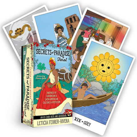 Tarot kortos Secrets of Paradise, 81 kortų rinkinys su ryškiais Karibų ir Lotynų Amerikos motyvais, dėžutė ir atverstos kortos