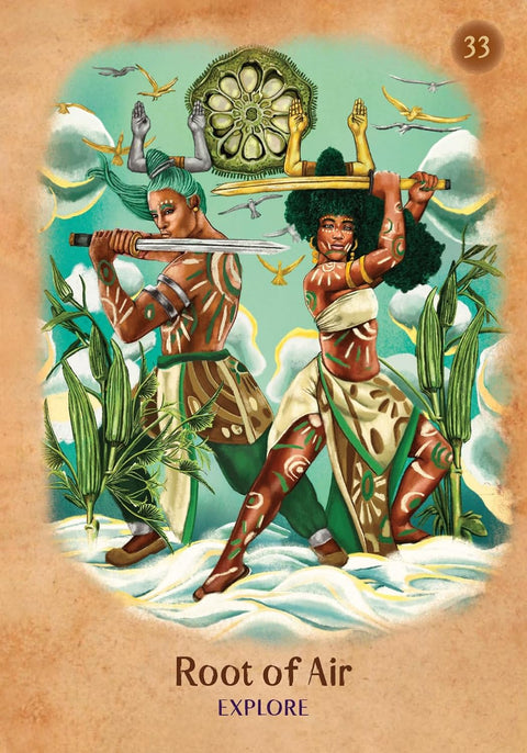 tarot korta Root of Air: žalia‑mėlyna iliustracija su dviem kariais, pakeltomis kardais ir tyrinėjimo žinute