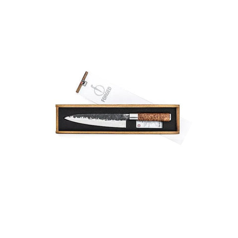 Peilis Santoku su kalvotu damasko ašmeniu ir riešutmedžio rankena, pateiktas dovanų medinėje dėžutėje