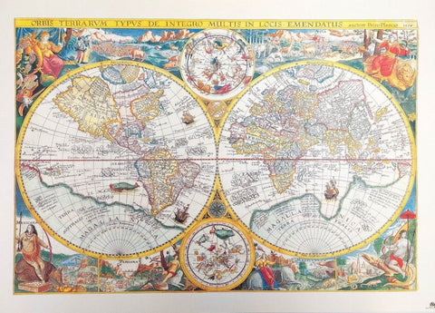 Senovinis pasaulio žemėlapis plakatas, spalvotas dvigubas apskritiminis planas su žvaigždžių diagramomis ir dekoratyviais rėmais