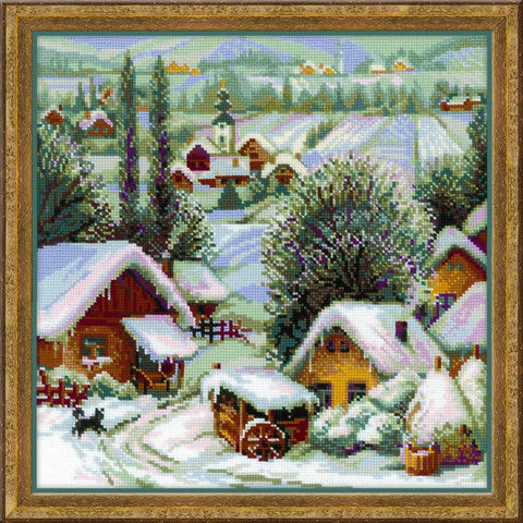 Kryželių rinkinys žiemos kaimo peizažas, 40×40 cm, su auksiniu rėmu — paruoštas kabinti kaip užbaigtas darbas