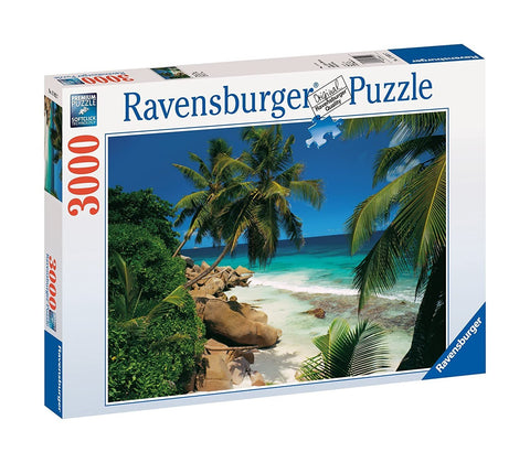 Dėlionė Ravensburger 3000 detalių, priekinė dėžutė su tropiniu paplūdimiu, ryškios spalvos ir didelis formatas