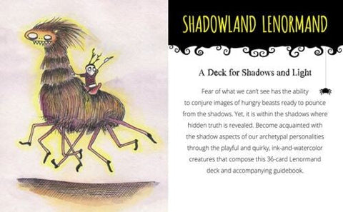 Lenormand kortų kaladė Shadowland, 36 kortos su juodu rašalu ir akvarele nupieštomis keistomis būtybėmis ir pridedamu vadovu