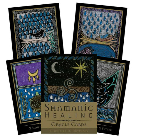 Orakulo kortos Shamanic Healing – juoda priekinė etiketė ir penkios spalvotos, pieštinės kortos išskleistos vėduokle