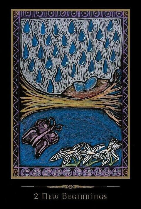 tarot korta New Beginnings, mėlyno fono su lašais, lizdu ir gėlėmis, numeris 2, skirta naujų pradžių pranašavimui