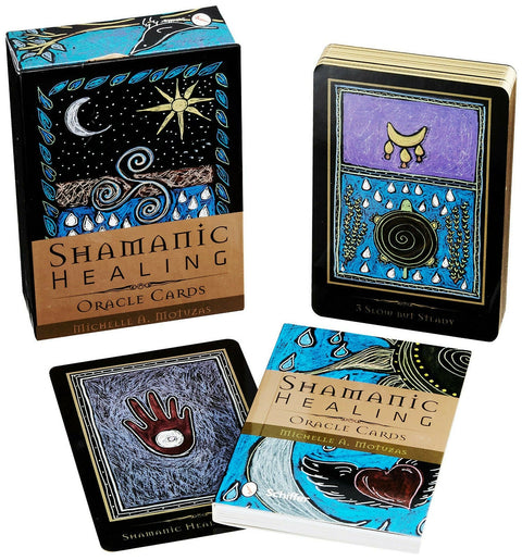 Orakulo kortos Shamanic Healing — žydrai juoda dėžutė ir iliustruota kaladė, matomos kortų priekis, nugarėlė ir knygelė