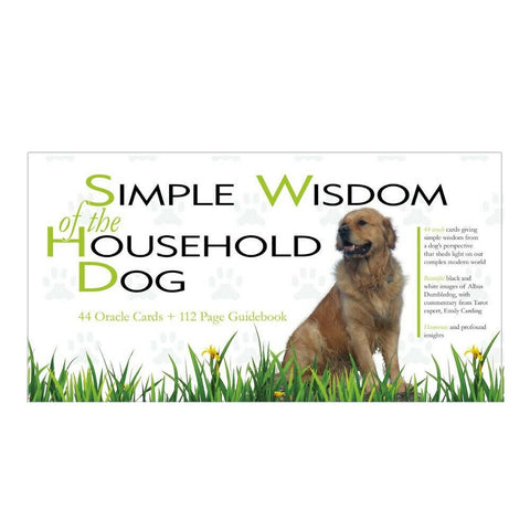 Oracle kortos "Simple Wisdom of the Household Dog" – 44 kortos ir 112 p. vadovas, pakuotė su auksinio retriverio iliustracija