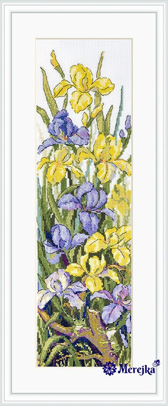 Siuvinėjimo rinkinys ilgas siauras motyvas su geltonais ir violetiniais kardeliais, baigtas balta rėmu, logotipas Merejka