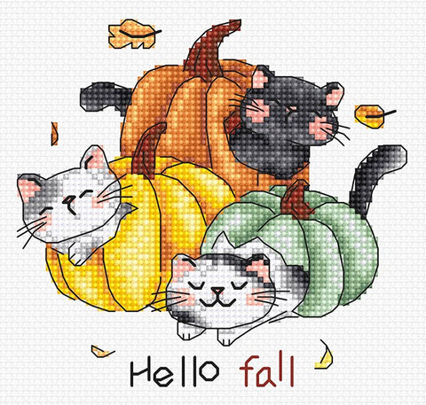 Kryželių raštas: trys katinai miega moliūguose (oranž., gel., žalsv.) su rudens lapais ir užrašu "Hello fall"