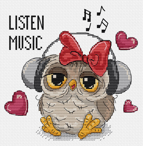 Kryželių rinkinys: miela pelėda su raudona kaspele ir ausinėmis, muzikos tema, 20×20 cm variantas
