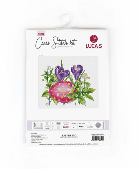 Kryželių siuvinėjimo rinkinys LUCA‑S, pakuotė su rožiniu margučiu ir violetinėmis krokų gėlėmis