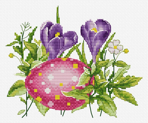 Siuvinėjimo rinkinys rožinis taškuotas margutis su violetinėmis krokų gėlėmis ir ryškiais žaliais lapais