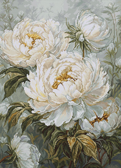 Gobelenas kreminių bijūnų raštas, detalus kryželių imitacijos atspaudas, 60×80 cm, sodrios žalios ir aukso detalės