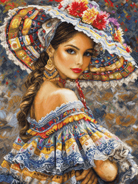 Diamond painting paveikslas su spalvinga moters profilio kompozicija, didelė gėlėta skrybėlė ir detali ornamentuota suknelė