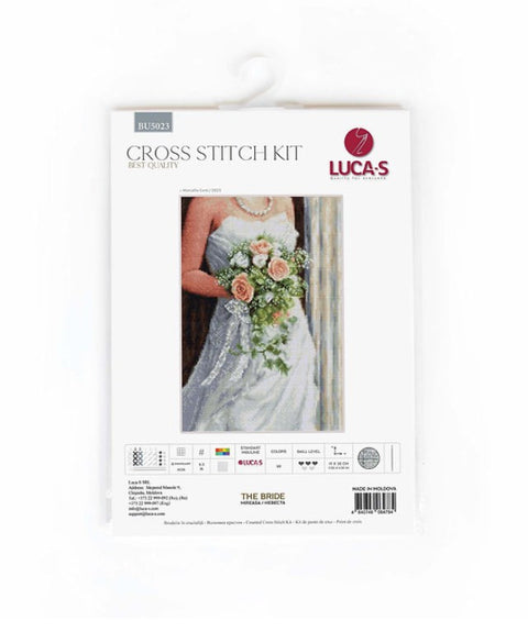 Kryželių siuvinėjimo rinkinys Luca‑S "The Bride" — pakuotės priekinė dalis su nuotakos suknele ir rožių puokšte
