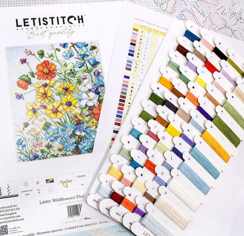 Kryželių rinkinys Letistitch Wildflowers su spalvota siūlų kortele ir detaliu kryželių schemos lapu