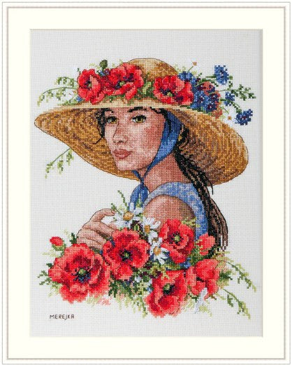 Kryželių rinkinys Mergina su skrybėle — 30×40 cm drobė, natūrali geltona skrybėlė, ryškios raudonos aguonos ir mėlynos detalės