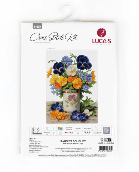 Kryželių rinkinys Lucas Pansies Bouquet — mėlyni ir oranžiniai našlaitės, galutinis dydis 23×30 cm, pardavimo pakuotėje