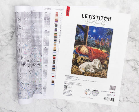 siuvinėjimo rinkinys Letistitch "Baby Jesus" su atspausdinta piešinio lentele, spalvų kodais ir suvyniota schema
