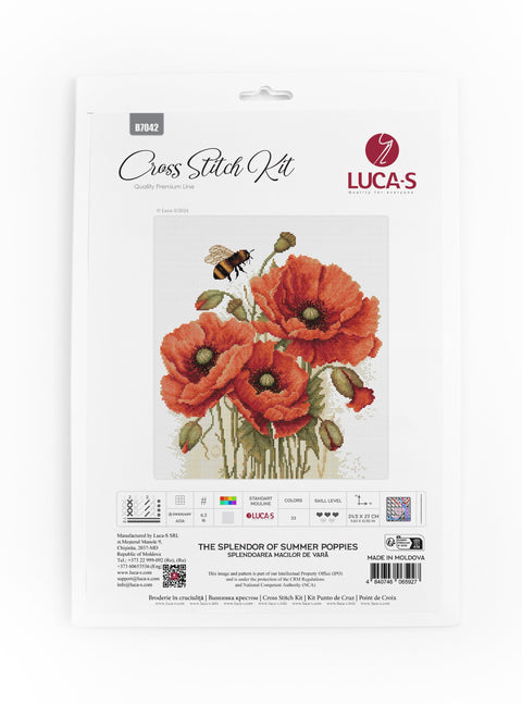 Kryželių rinkinys LUCA‑S su ryškiomis raudonomis aguonomis ir bičių motyvu ant priekinės pakuotės, 24,5×27 cm