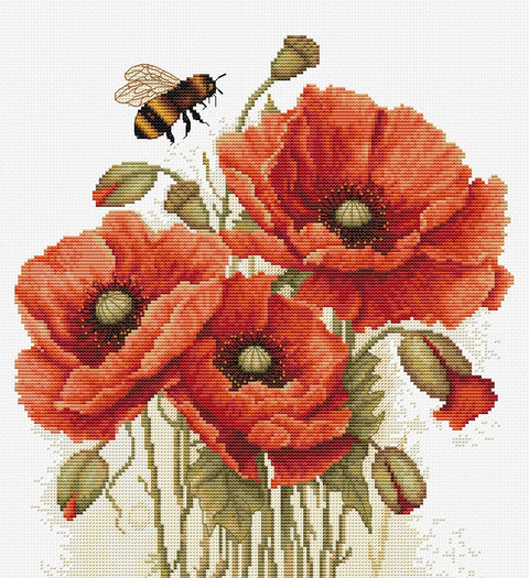 Kryželių rinkinys su ryškiai raudonomis aguonomis ir bitėmis, detaliai išdėstytas 50×50 cm motyvas, skirtas kabinti ant sienos