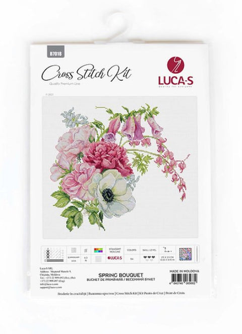 Kryželių rinkinys LUCA‑S „Spring Bouquet“ — pakuotėje rožinių ir baltų gėlių motyvas, siuvimo komplektas